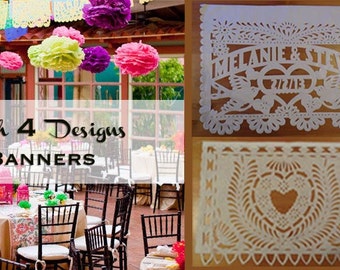 Personalized LOVE BIRDS Papel Picado with alternating designs - Fiesta Wedding - Mexican Hand Cut Tissue Paper