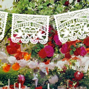 Personalized (each 20 ft. long) Wedding Garland Papel Picado Banners LOVE BIRDS Fiesta Mexican Tissue with names dates fiesta decorations