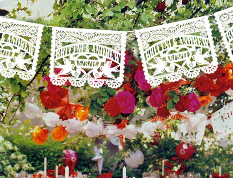 Papel Picado Wedding Love bird Personalized each 20 ft. long Garland LOVE BIRDS Fiesta Mexican Tissue image 1