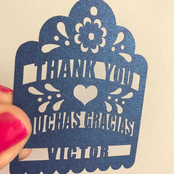 Thank you Muchas Gracias Personalized Fiesta party favor Tags laser cut with name wedding gift tags mexican papel picado piñata maraca tags