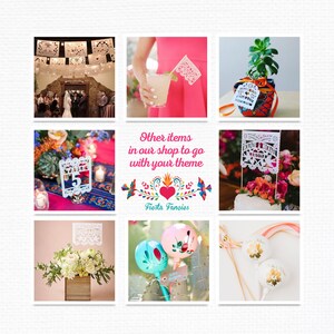 Puede incluir: Un collage de im&aacute;genes con decoraciones festivas. Incluye recortes de papel, n&uacute;meros de mesa, adornos para pasteles y arreglos florales. El texto "Other items in our shop to go with your theme" se muestra con un coraz&oacute;n y un gr&aacute;fico de p&aacute;jaro.