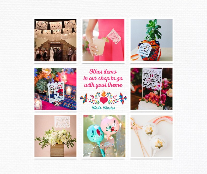 Puede incluir: Un collage de im&aacute;genes con decoraciones festivas. Incluye recortes de papel, n&uacute;meros de mesa, adornos para pasteles y arreglos florales. El texto "Other items in our shop to go with your theme" se muestra con un coraz&oacute;n y un gr&aacute;fico de p&aacute;jaro.
