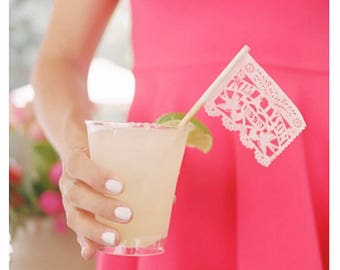 Cupcake topper Laser cut Heart DRINK mini flags  (tiny 2" x 2" papel picado) tissue paper cocktail drink umbrella flag