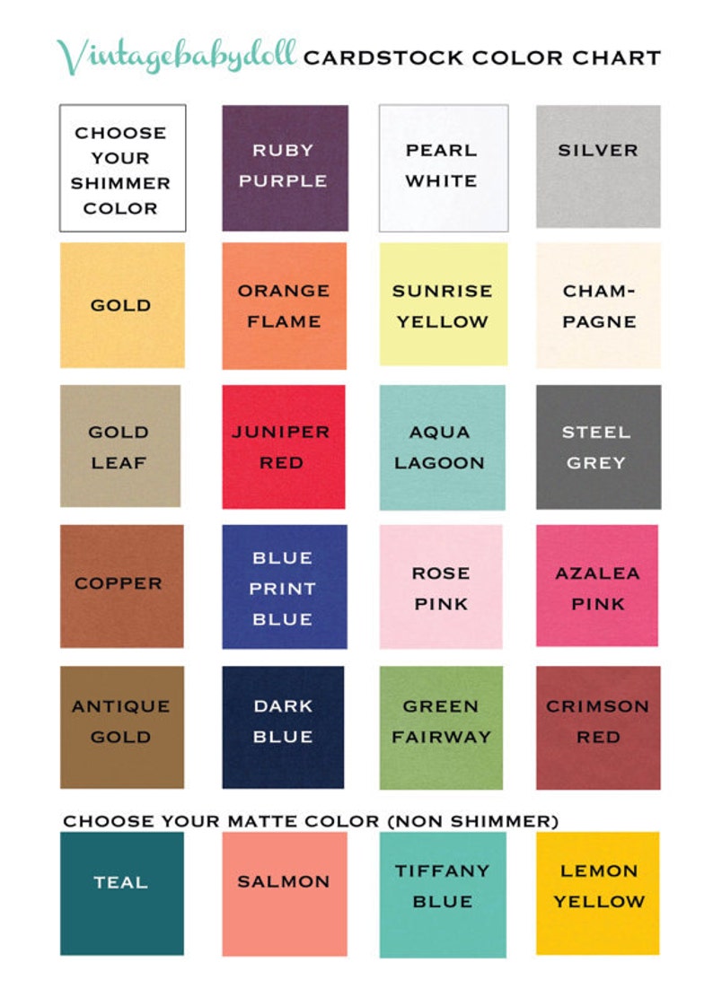 Puede incluir: Carta de colores de cartulina de Vintagebabydoll, con una variedad de colores. Incluye colores brillantes como el p&uacute;rpura rub&iacute;, el blanco perla y el dorado, y colores mate como el verde azulado y el salm&oacute;n. La carta est&aacute; dise&ntilde;ada para ayudar a los clientes a elegir su color de cartulina preferido.