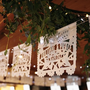 Personalized (each 20 ft) Wedding Garland Papel Picado Banners Love bird Fiesta Mexican Tissue OR PLASTIC w/ names dates fiesta decorations