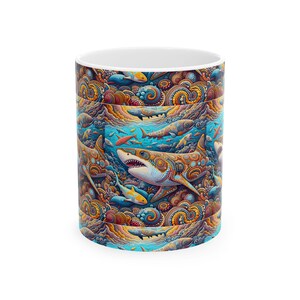 Ceramiczny kubek z rekinem psychodelicznym, kubek do kawy z motywem oceanicznym, kubek do herbaty z motywem morskim, podwodne naczynia do picia, wyjątkowy prezent dla rekina