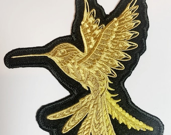 Stunning HUMMINGBIRD in FLIGHT - Left Facing Embroidered Iron on or Sew on Patch - applique 6.3" x 5"