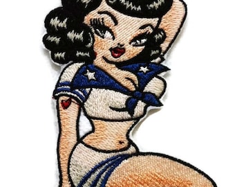 Retro Sailor Pin-up Girl - Machine Embroidered Iron on or Sew on Patch - Applique - 2 Styles - Tattoo Punk - Rockabilly