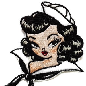 Retro Sailor Pin-up Girl Face- Machine Embroidered Iron on Patch - Applique - 2 Styles - Tattoo Punk - Rockabilly
