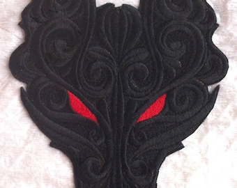 Large Baroque Gothic Dire Wolf embroidered Iron on Patch - Applique - Eye Color - Red -  7.5" x 5.33"
