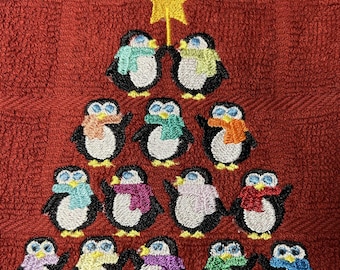 Adorable Penguin Christmas Tree Embroidered Hand - Kitchen Towels - 1 Red Christmas Hand Towel