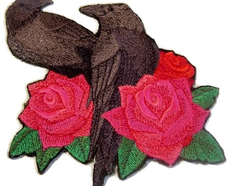Beautiful Double Raven and Roses Embroidered Iron on Applique - Patch  5.25" x 6.25"