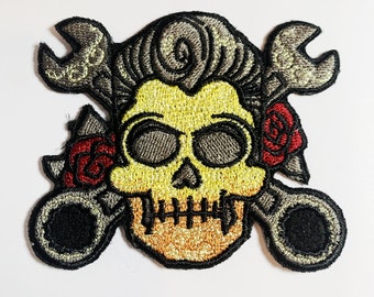 Wrenches and Roses Greaser Skull Machine Embroidered Iron on Applique - 3" x 3.75" inches
