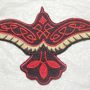 Beautiful CELTIC RAVEN with Red Knotwork -  Large Iron on Embroidered Patch Applique - 7.5" X 4.5"