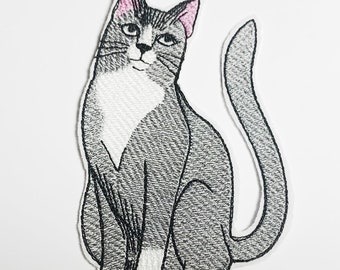 Sassy Gray and White Tabby Cat Embroidered Iron-on Patch Applique -  4.5" x 3" inches