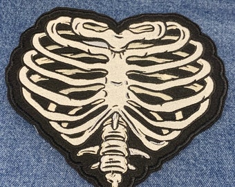 Extra Large Heart Shaped Rib cage Machine Embroidered Iron on or Sew on Applique - Patch  8.33" x 8"  PERFECT for Jacket back