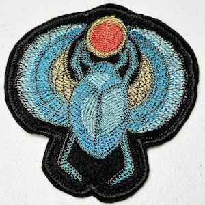 Egyptian Scarab Beetle Embroidered Iron on or Sew on Applique - Black Background Patch - 4.25&quot; x 4.5&quot;