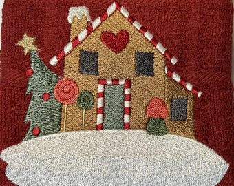 Embroidered Gingerbread House Hand Towels - Set of 2 Red Christmas Towels