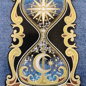 Celestial HourGlass -detailed Machine Embroidered Iron on or Sew on Applique - 2 Sizes - 11.75&quot; x 6.25&quot;  PERFECT for Jacket back or 7.25x4.5