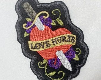 Tattoo Style Dagger thru the Heart - Love Hurts - Iron on  or sew on Patch or Applique - 4" x 2.5"  inches