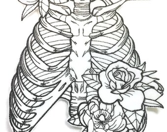 May include: Black and white line drawing of a ribcage with flowers growing from it. The flowers are roses and other types of flowers. The drawing is done in a detailed and intricate style.