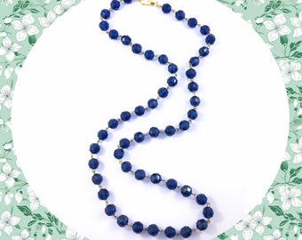 Vintage faceted sapphire blue beaded long rosary necklace
