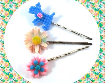 Vintage aged dog floral blue pink bobby pin trio LAST ONE