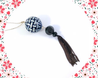 Large woven ceramic bead black onyx black copper chain tassel silver plated necklace