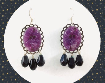 Vintage purple marble black stone floral pendant dangle earrings LAST ONE