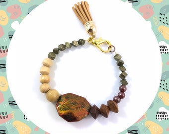 Earthy wooden stone geometric beaded vegan tassel layer stack bracelet