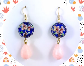 Royal blue flower floral cloisonné pink coral drop golden dangle earrings LAST ONE