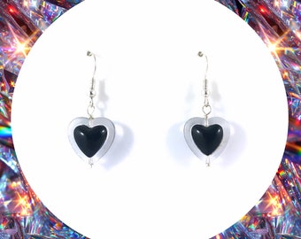 Love heart clear and black silver plated dangle earrings