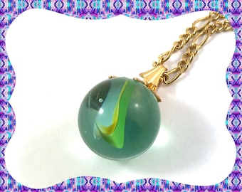 Vintage style green yellow white cats eye glass marble gold plated Figaro chain necklace