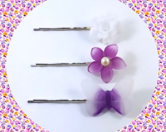 Vintage butterfly floral purple white bobby pin trio LAST ONE