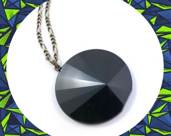 Vintage black geometric mod plastic round pendant antique bronze necklace LAST ONE