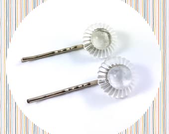 Vintage moon glow clear round silver Bobby pin duo