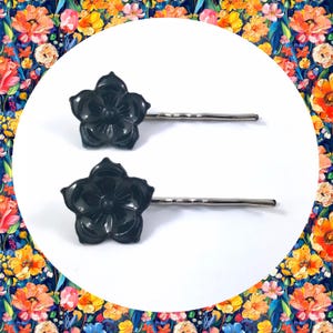 Vintage black five petal flower silver bobby pin duo