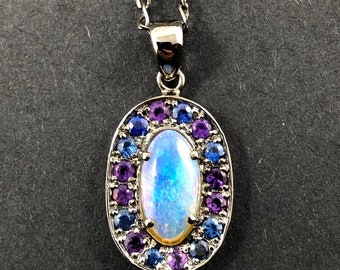 Australian jelly opal amethyst and blue sapphire halo black gold pendant necklace