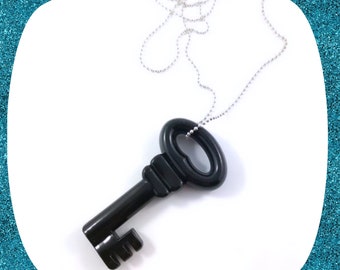 Vintage large black skeleton key pendant ball chain necklace