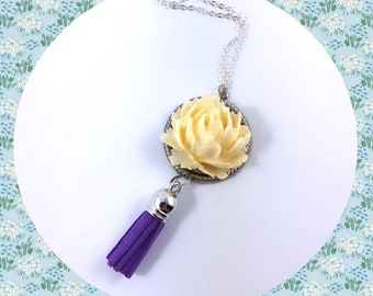 Vintage off white flower purple vegan leather tassel pendant silver plated necklace LAST ONE