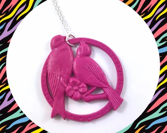 Vintage retro pink round love birds pendant silver plated necklace LAST ONE