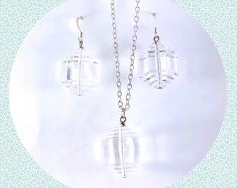 Art Deco clear vintage geometric bead silver dangle earrings and necklace set LAST ONE