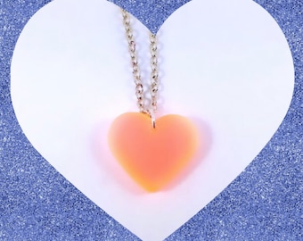 Vintage cute neon orange plastic love heart pendant silver plated necklace