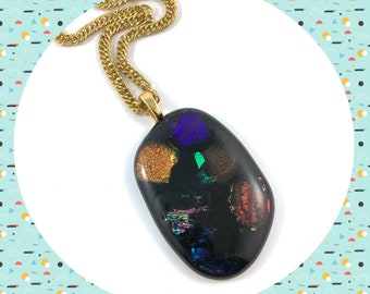 Large dichroic glass black multicoloured statement pendant golden necklace LAST ONE