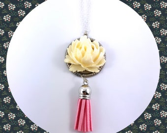 Vintage off white flower pink vegan leather tassel pendant silver plated necklace LAST ONE