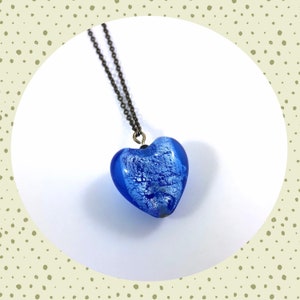 Venetian glass silver foil blue puffy heart pendant black rhodium necklace LAST ONE