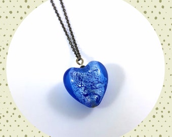 Venetian glass silver foil blue puffy heart pendant black rhodium necklace LAST ONE