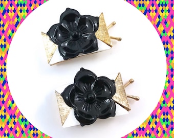 Vintage white gold geometric black flower hair clip duo LAST ONE