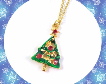 Vintage golden red green Christmas tree gold plated charm necklace