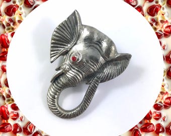Vintage aged movable trunk red crystal eyed elephant silver metal brooch LAST ONE